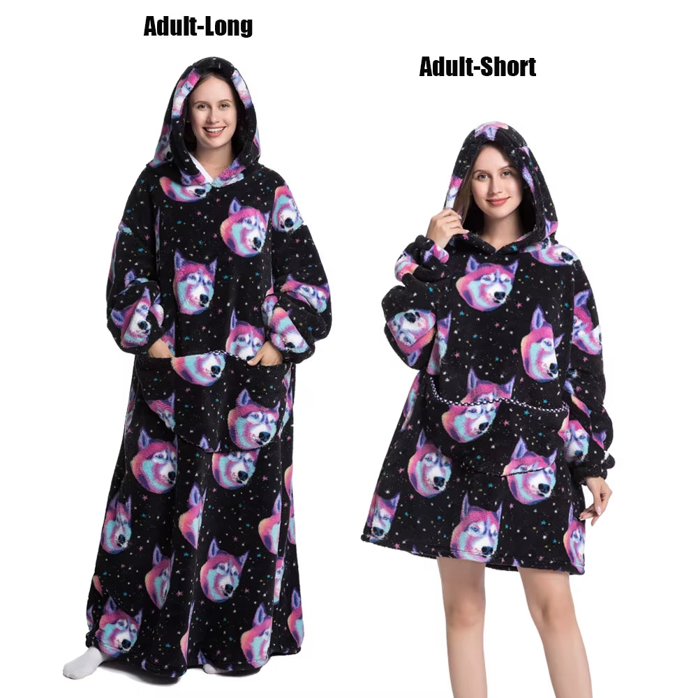 Women Plush Fleece Blanket Men Warm Thick Hoodies Adult Giant TV Blanlets with Sleeves Super Long Cold-Proof Homewear Pajamas