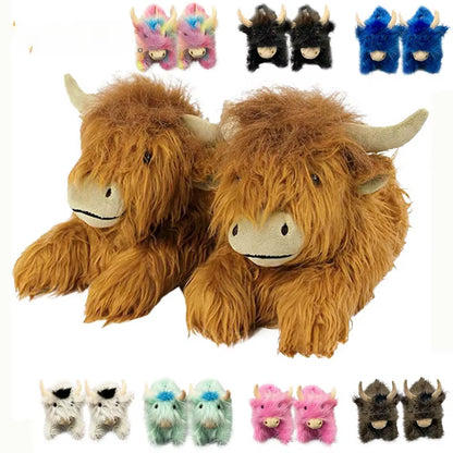 Winter Highland Cow Slippers Fluffy Highland Cattle Plush Slipper Soft Warm Home Indoor Cute Cartoon Furry Slides for Women Men