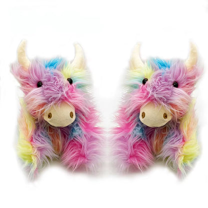 Winter Highland Cow Slippers Fluffy Highland Cattle Plush Slipper Soft Warm Home Indoor Cute Cartoon Furry Slides for Women Men