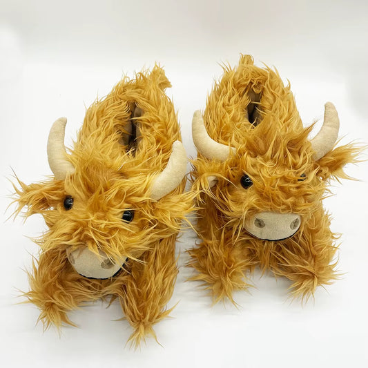 Winter Highland Cow Slippers Fluffy Highland Cattle Plush Slipper Soft Warm Home Indoor Cute Cartoon Furry Slides for Women Men