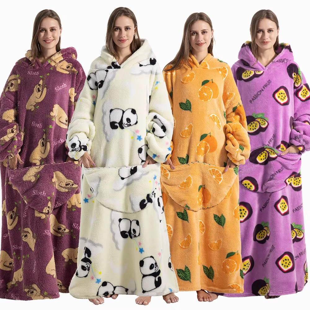 Women Plush Fleece Blanket Men Warm Thick Hoodies Adult Giant TV Blanlets with Sleeves Super Long Cold-Proof Homewear Pajamas