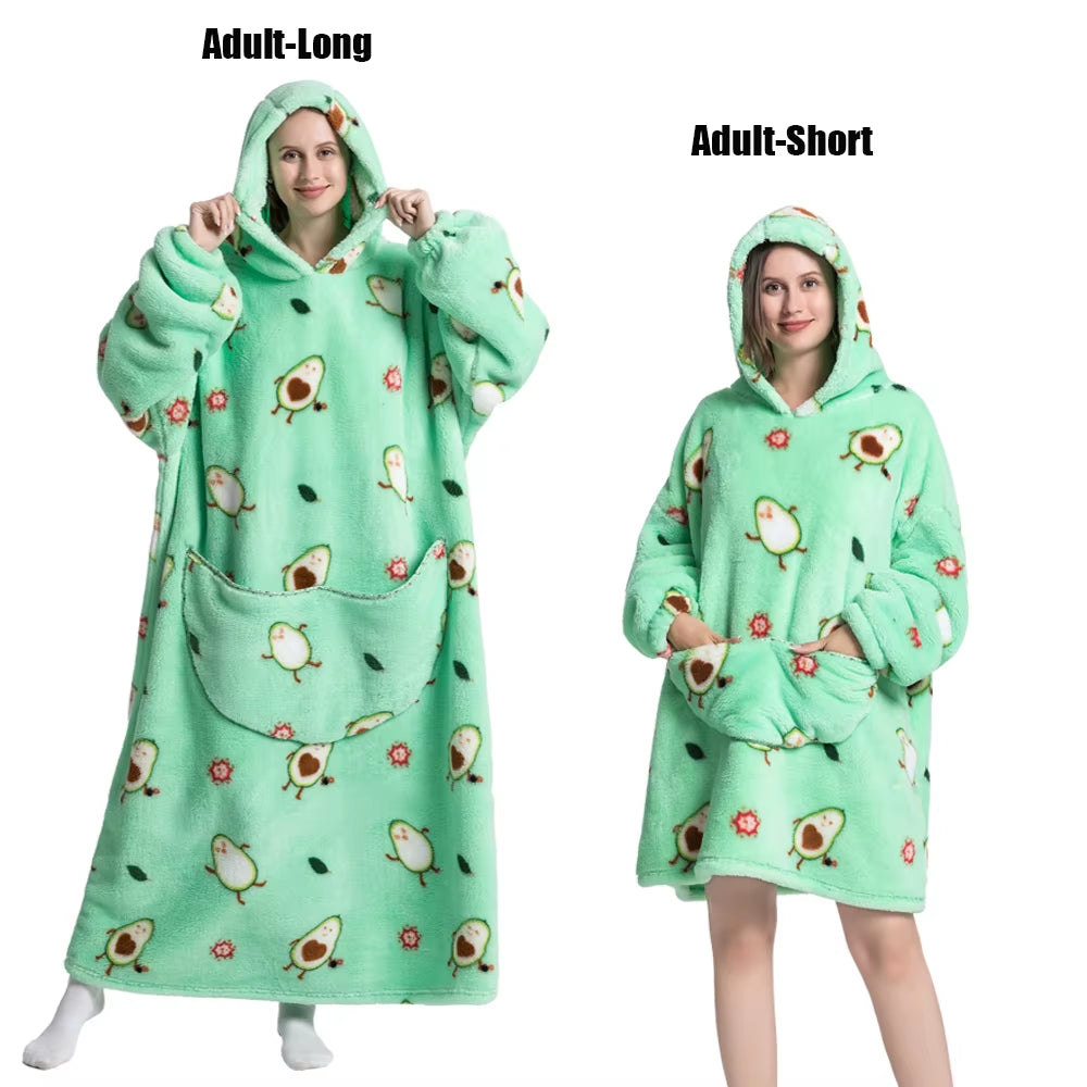 Women Plush Fleece Blanket Men Warm Thick Hoodies Adult Giant TV Blanlets with Sleeves Super Long Cold-Proof Homewear Pajamas