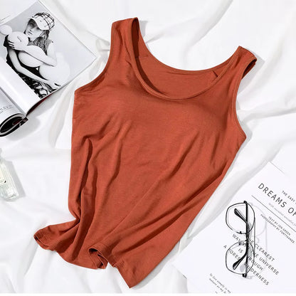 2026 Women'S Vest Tops with Built in Bra Neck Vest Solid Color Padded Slim Fit Tank Tops Sexy Shirts Feminino Casual Tank Tops