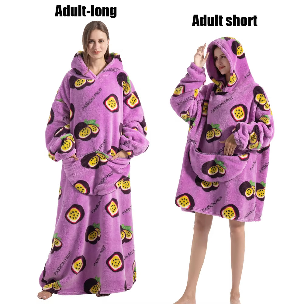 Women Plush Fleece Blanket Men Warm Thick Hoodies Adult Giant TV Blanlets with Sleeves Super Long Cold-Proof Homewear Pajamas