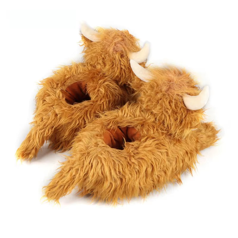Winter Highland Cow Slippers Fluffy Highland Cattle Plush Slipper Soft Warm Home Indoor Cute Cartoon Furry Slides for Women Men