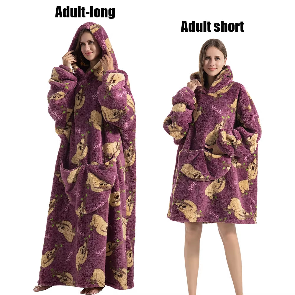 Women Plush Fleece Blanket Men Warm Thick Hoodies Adult Giant TV Blanlets with Sleeves Super Long Cold-Proof Homewear Pajamas