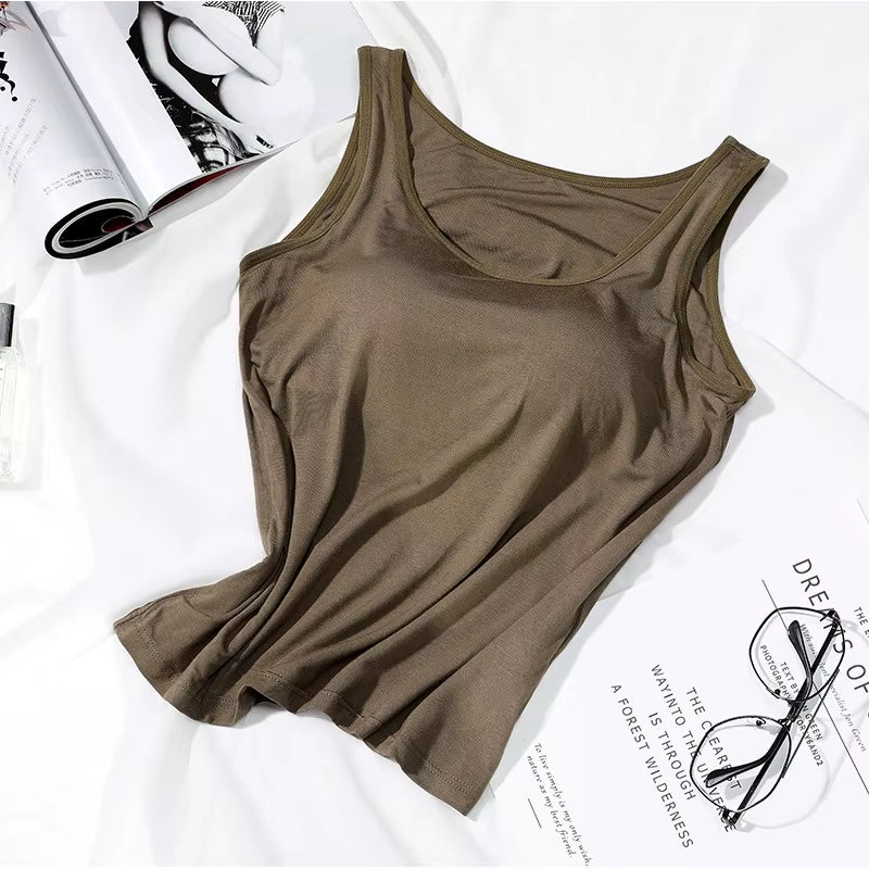 2026 Women'S Vest Tops with Built in Bra Neck Vest Solid Color Padded Slim Fit Tank Tops Sexy Shirts Feminino Casual Tank Tops