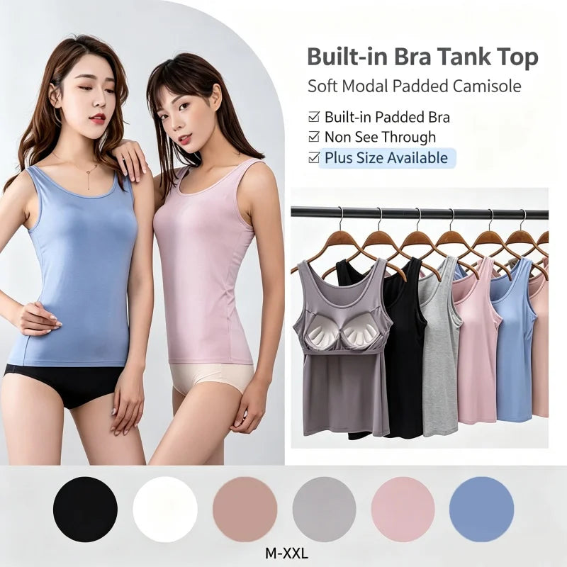2026 Women'S Vest Tops with Built in Bra Neck Vest Solid Color Padded Slim Fit Tank Tops Sexy Shirts Feminino Casual Tank Tops