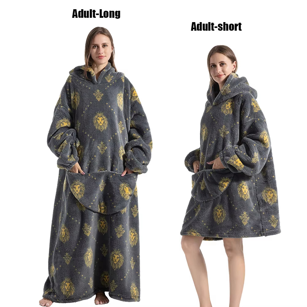 Women Plush Fleece Blanket Men Warm Thick Hoodies Adult Giant TV Blanlets with Sleeves Super Long Cold-Proof Homewear Pajamas