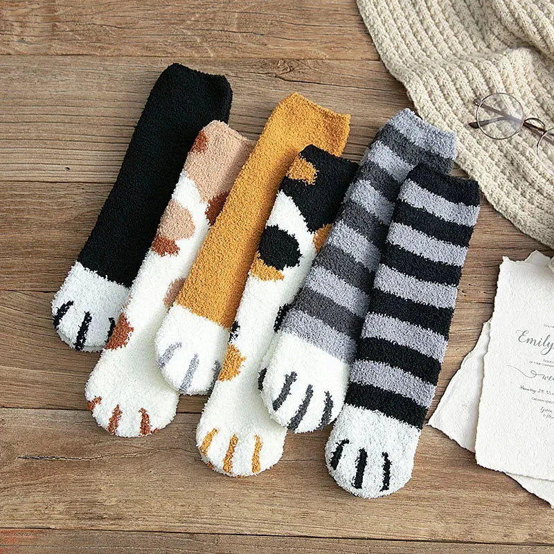 Cat paw cozy socks in coral velvet