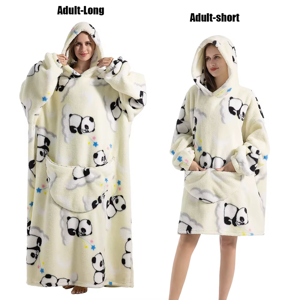 Women Plush Fleece Blanket Men Warm Thick Hoodies Adult Giant TV Blanlets with Sleeves Super Long Cold-Proof Homewear Pajamas
