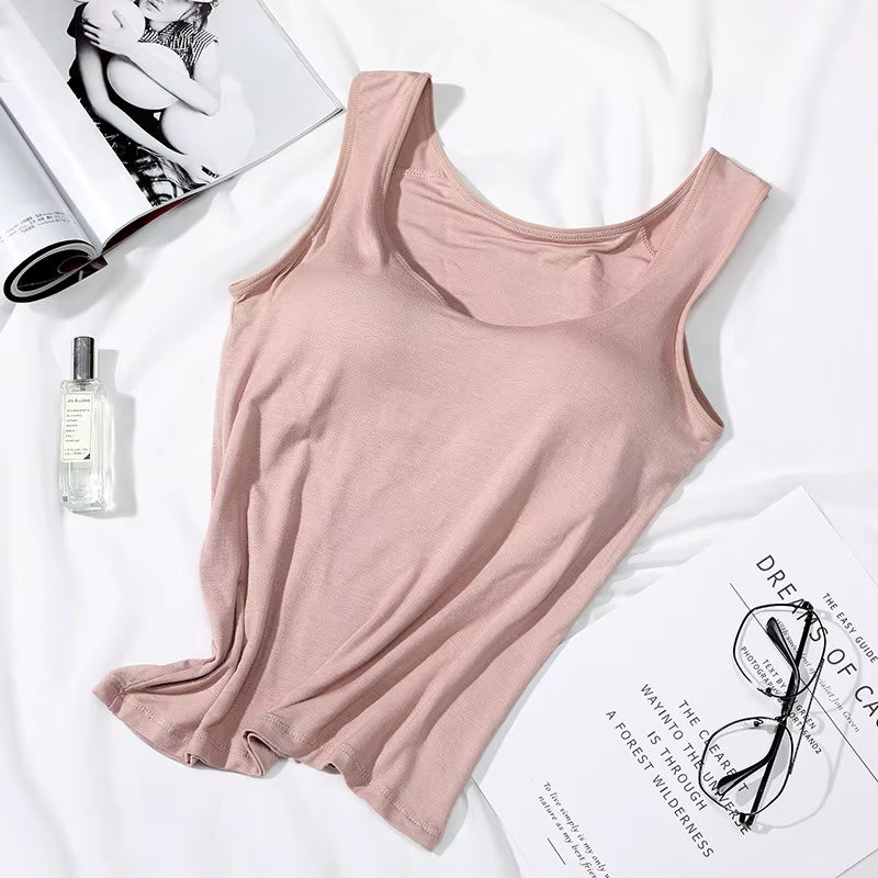 2026 Women'S Vest Tops with Built in Bra Neck Vest Solid Color Padded Slim Fit Tank Tops Sexy Shirts Feminino Casual Tank Tops