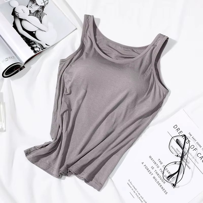 2026 Women'S Vest Tops with Built in Bra Neck Vest Solid Color Padded Slim Fit Tank Tops Sexy Shirts Feminino Casual Tank Tops