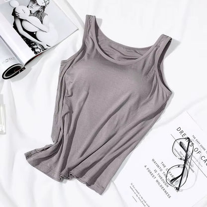 2026 Women'S Vest Tops with Built in Bra Neck Vest Solid Color Padded Slim Fit Tank Tops Sexy Shirts Feminino Casual Tank Tops