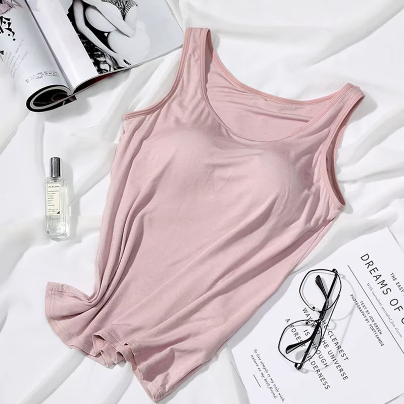 2026 Women'S Vest Tops with Built in Bra Neck Vest Solid Color Padded Slim Fit Tank Tops Sexy Shirts Feminino Casual Tank Tops