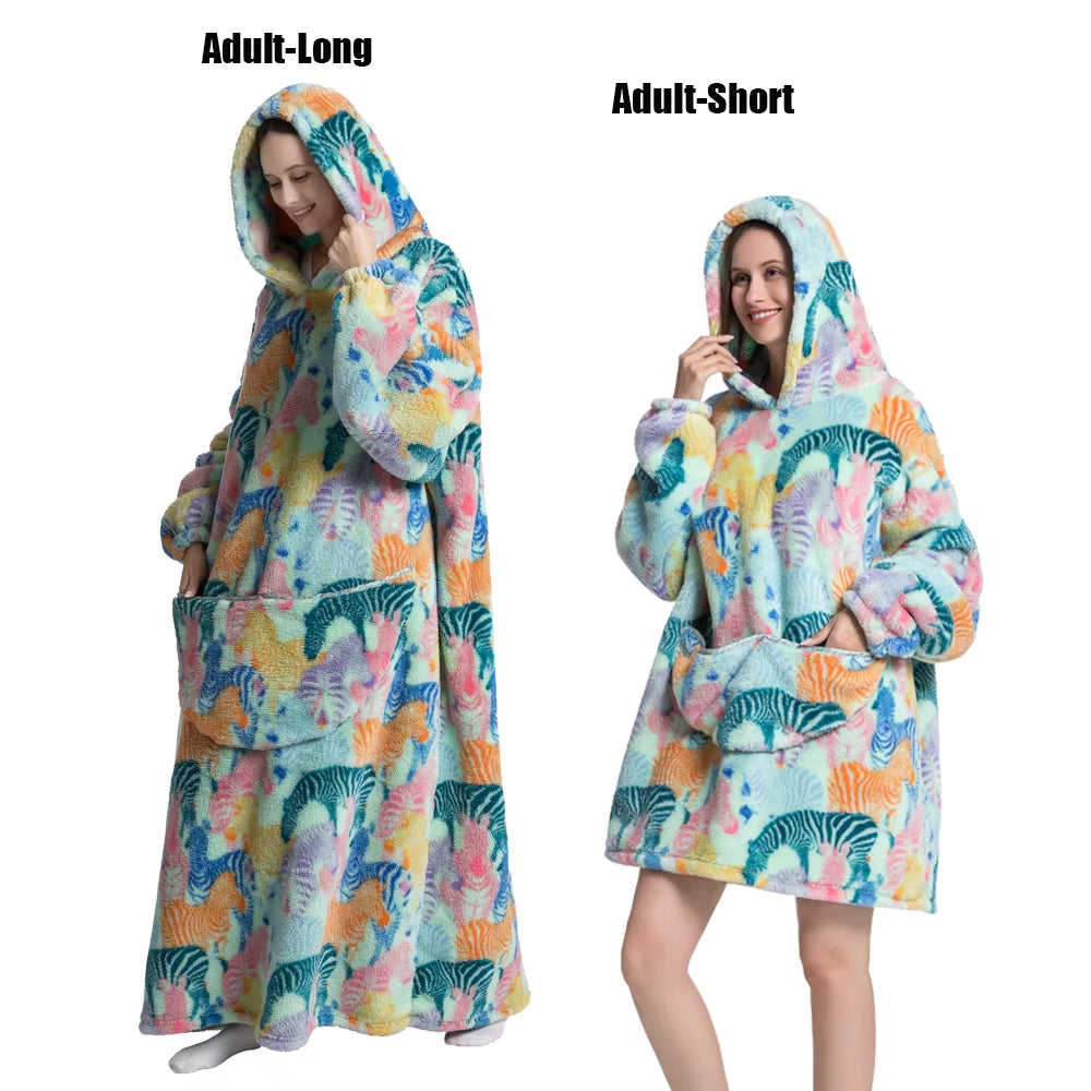 Women Plush Fleece Blanket Men Warm Thick Hoodies Adult Giant TV Blanlets with Sleeves Super Long Cold-Proof Homewear Pajamas
