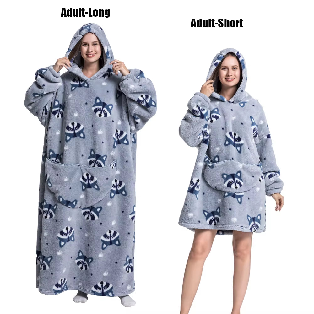 Women Plush Fleece Blanket Men Warm Thick Hoodies Adult Giant TV Blanlets with Sleeves Super Long Cold-Proof Homewear Pajamas