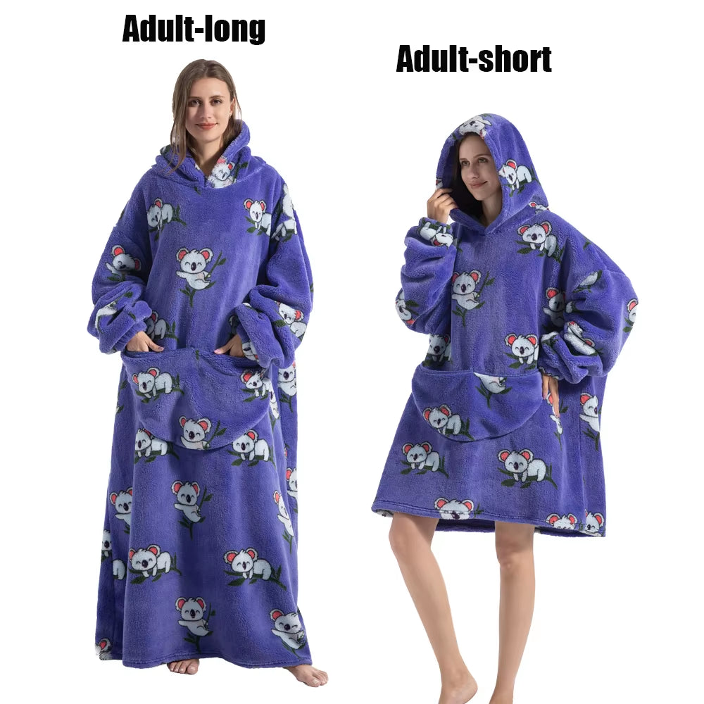 Women Plush Fleece Blanket Men Warm Thick Hoodies Adult Giant TV Blanlets with Sleeves Super Long Cold-Proof Homewear Pajamas