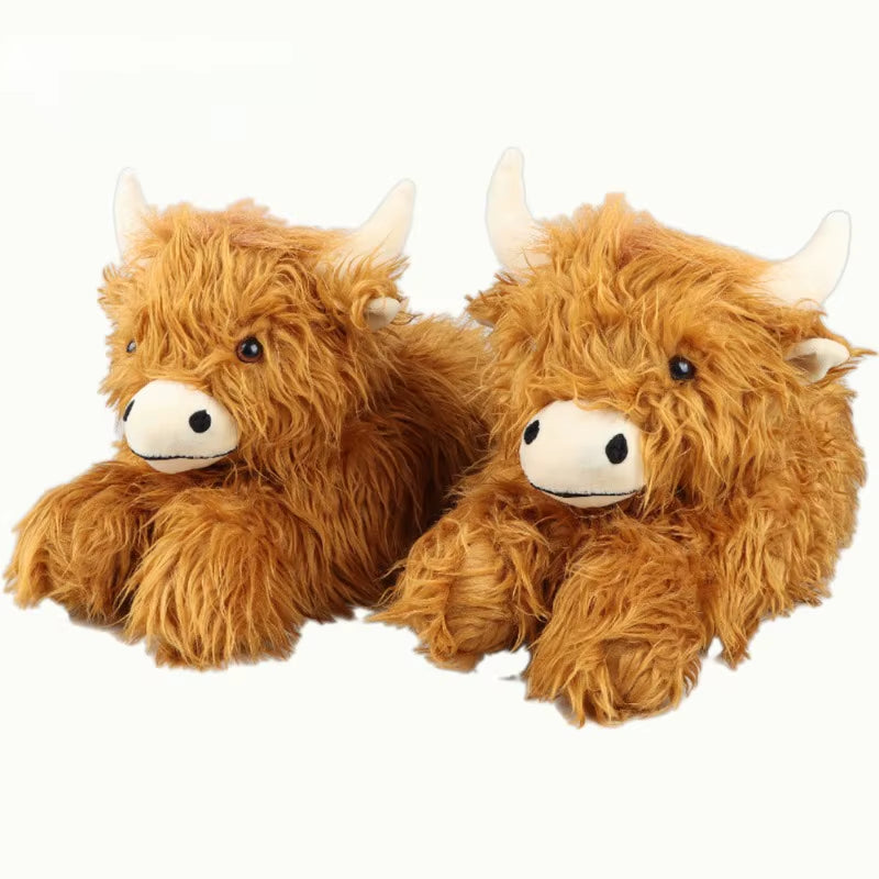 Winter Highland Cow Slippers Fluffy Highland Cattle Plush Slipper Soft Warm Home Indoor Cute Cartoon Furry Slides for Women Men