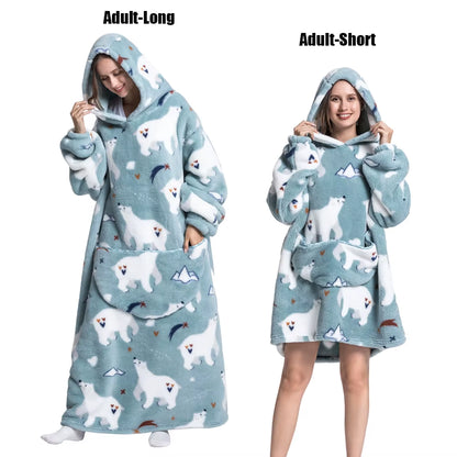 Women Plush Fleece Blanket Men Warm Thick Hoodies Adult Giant TV Blanlets with Sleeves Super Long Cold-Proof Homewear Pajamas