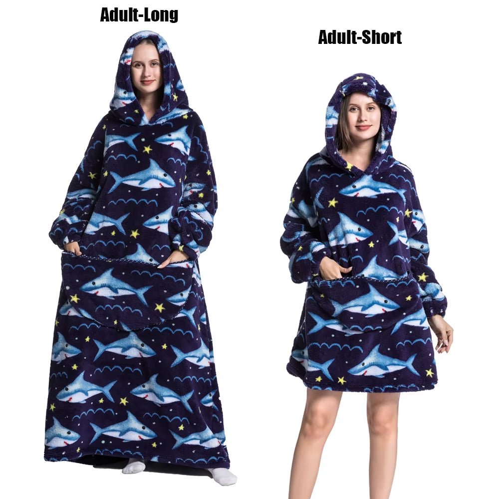 Women Plush Fleece Blanket Men Warm Thick Hoodies Adult Giant TV Blanlets with Sleeves Super Long Cold-Proof Homewear Pajamas